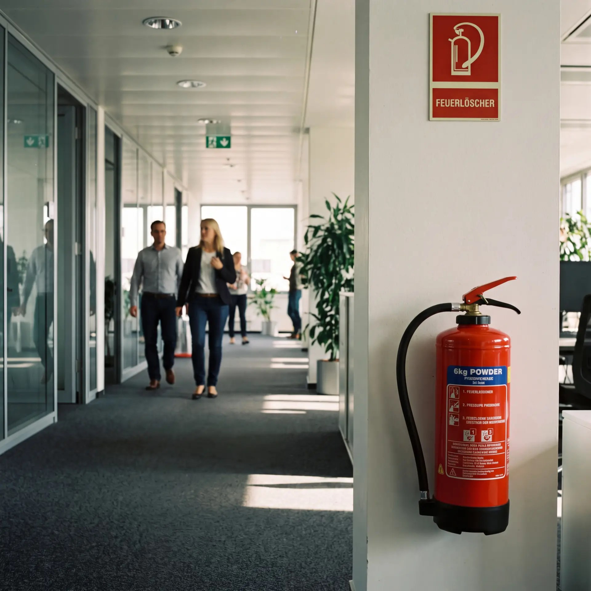 Feuerlöscher im Flur eines modernen Bürogebäudes